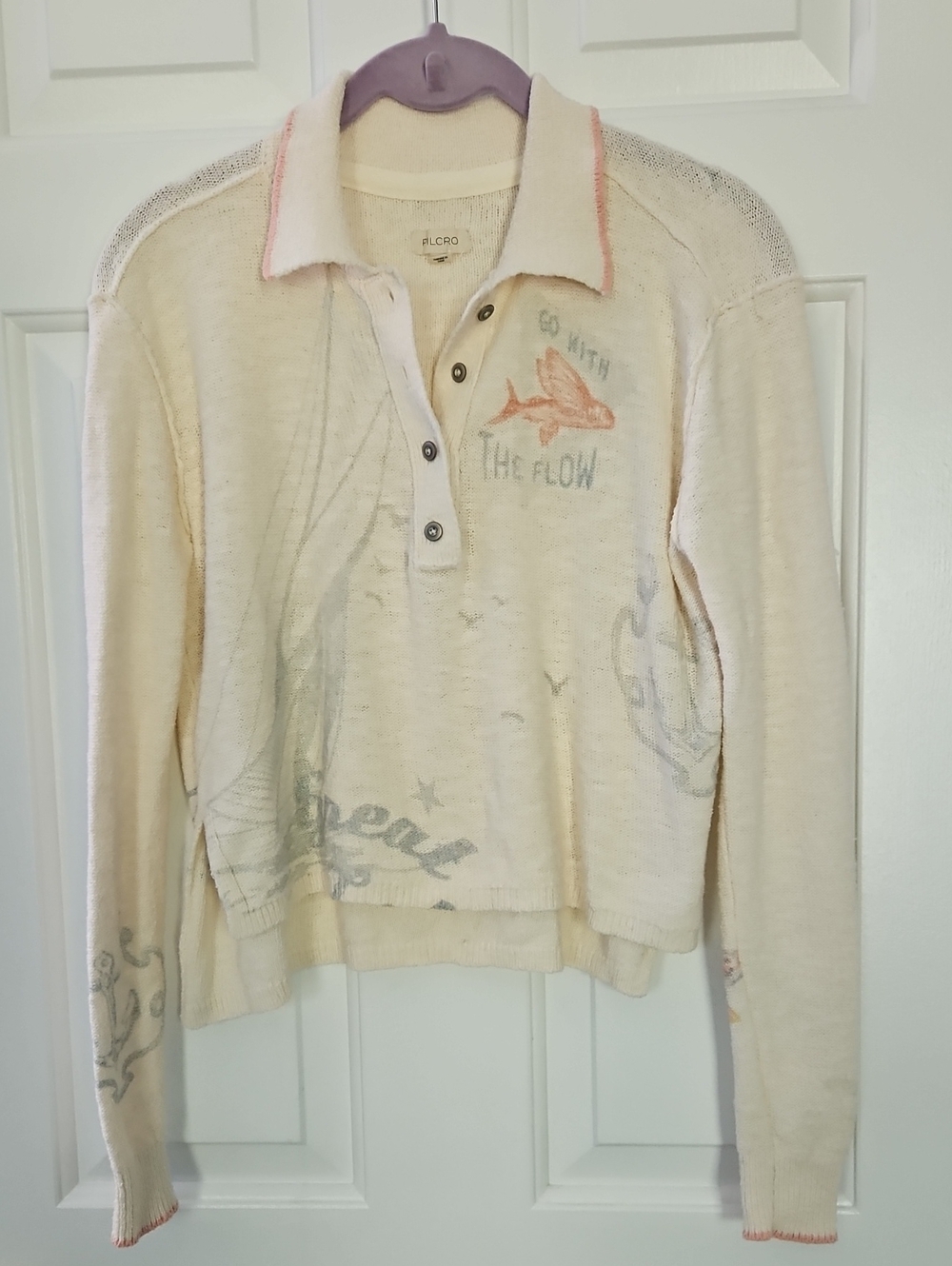 Pilcro By Anthropologie NWOT V-Neck Polo Sweater with Lakes Theme